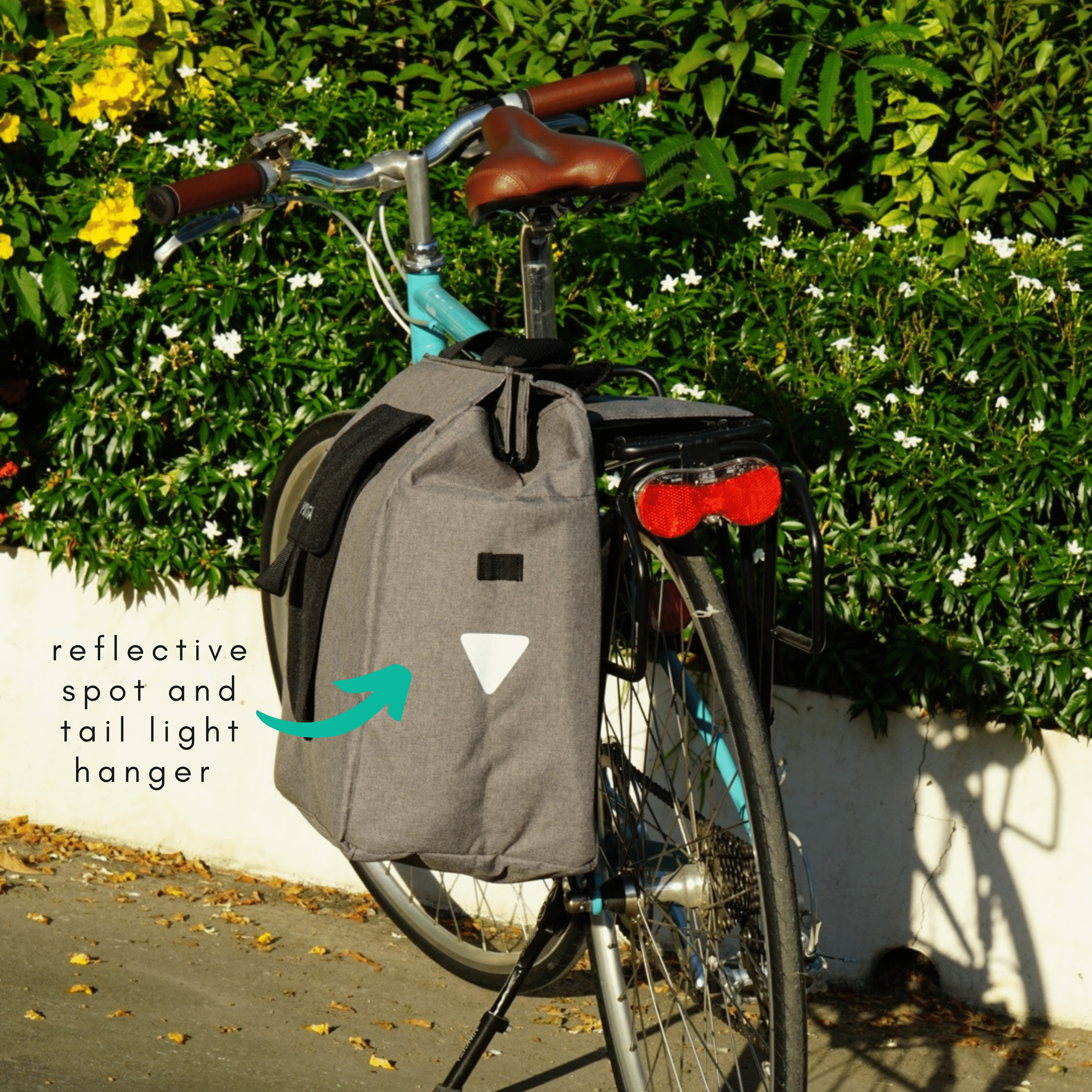 Vincita Co., Ltd. Jess Bicycle Grocery Pannier, durable and spacious, designed for carrying groceries, attaches to bike racks with ease, in grey with reflective details
